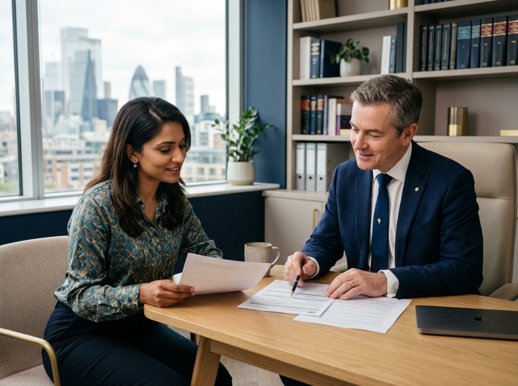PRK Immigration Services consultation — advisers reviewing documents together in a modern office